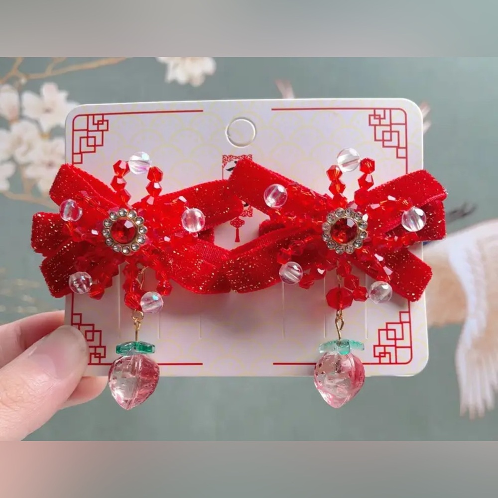 Red Bow Hair Clip with Crystal Accents